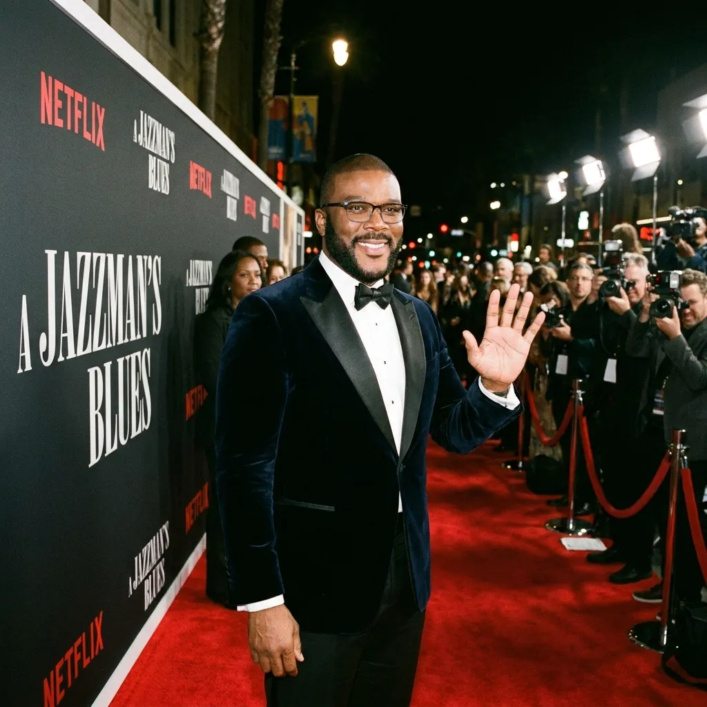 Director Tyler Perry waving on the red carpet at the Netflix A Jazzman's Blues movie premiere wearing a navy velvet tuxedo jacket