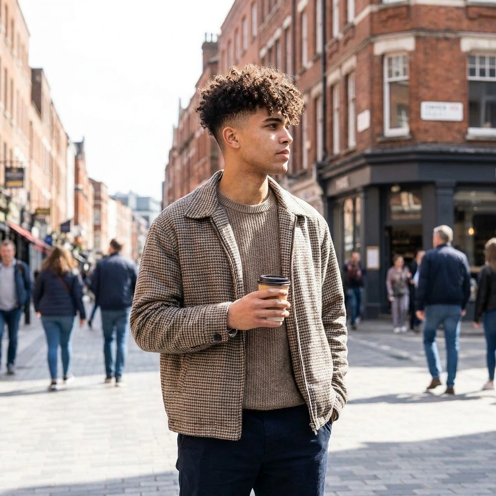 A young man with a modern curly perm fade haircut wearing a beige houndstooth zip-up jacket over a tan sweater, holding a coffee cup on a sunny city street.