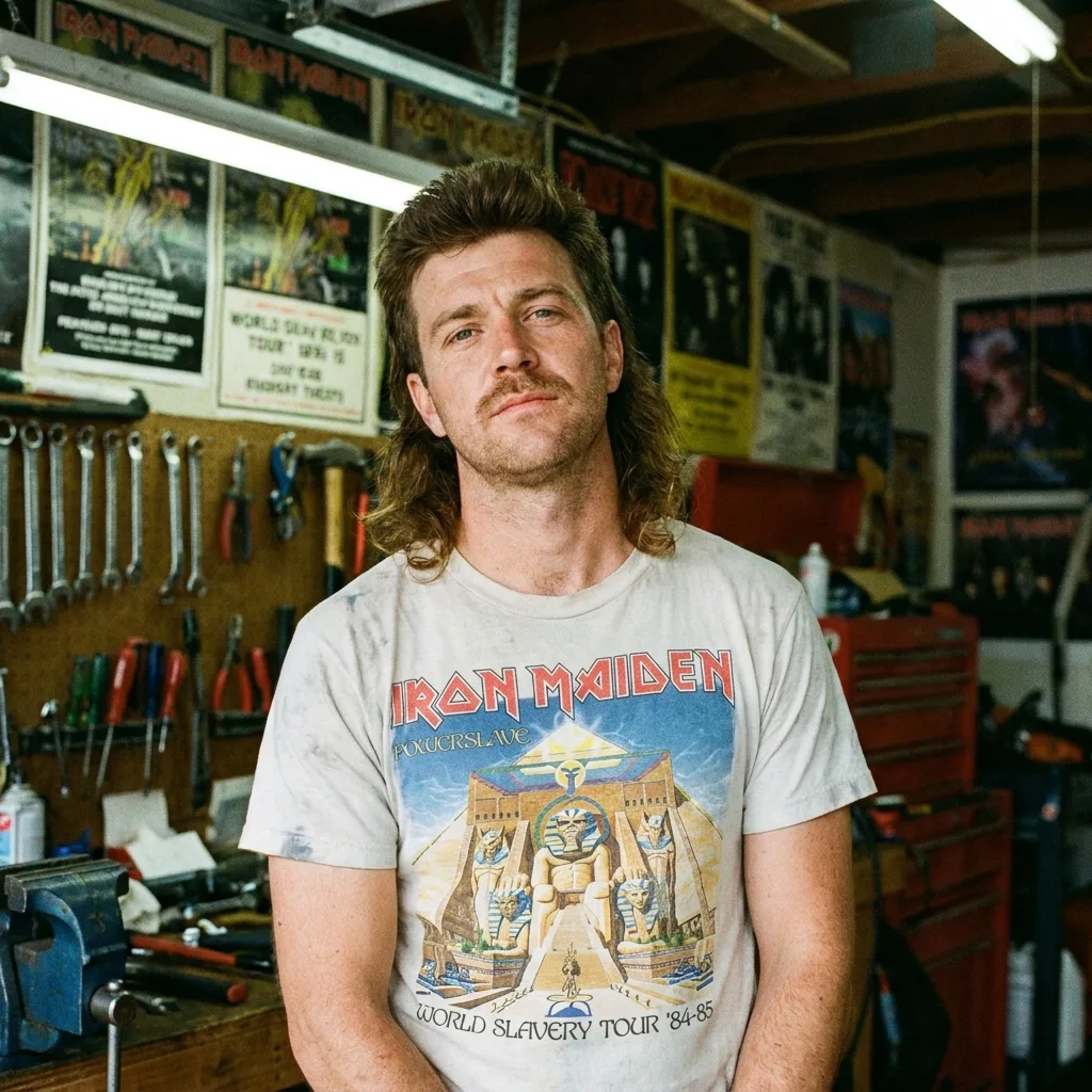 Portrait of a man with a classic mullet haircut and mustache wearing a vintage Iron Maiden World Slavery Tour graphic t-shirt in a garage workshop setting.