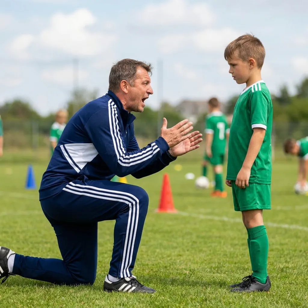 Youth soccer coach in a blue tracksuit kneeling and giving passionate instructions to a young boy in a green uniform on a sunny football pitch.