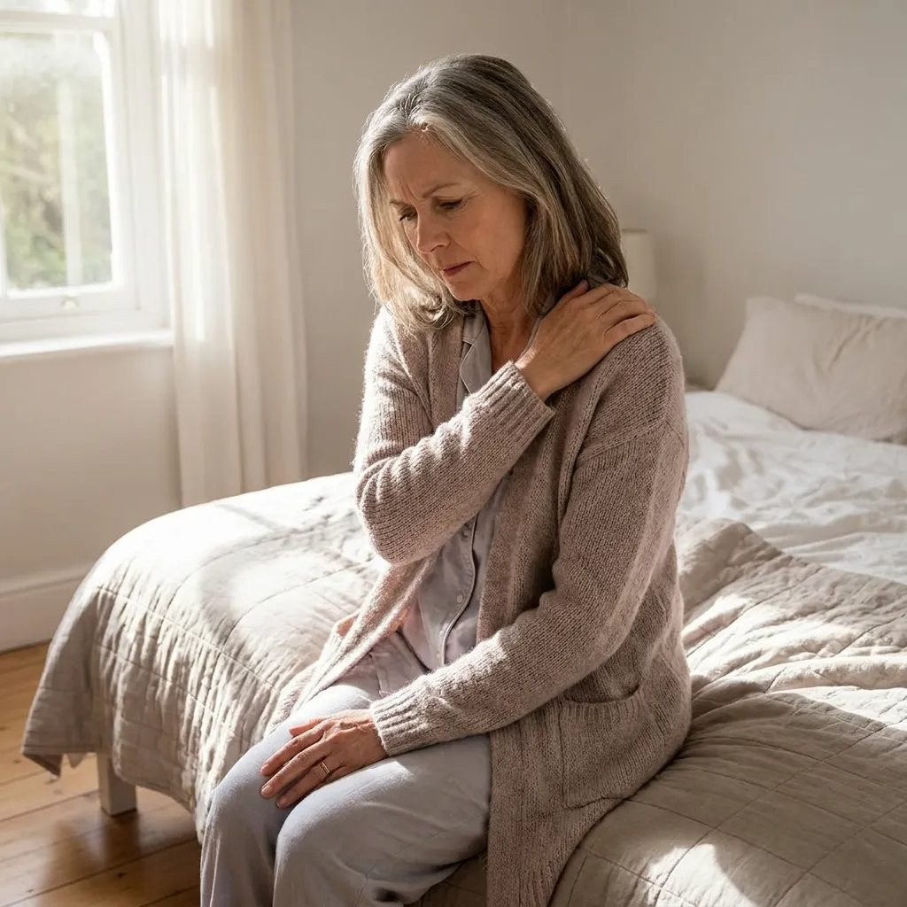 Mature woman sitting on the edge of a sunlit bed holding her aching shoulder experiencing morning joint stiffness