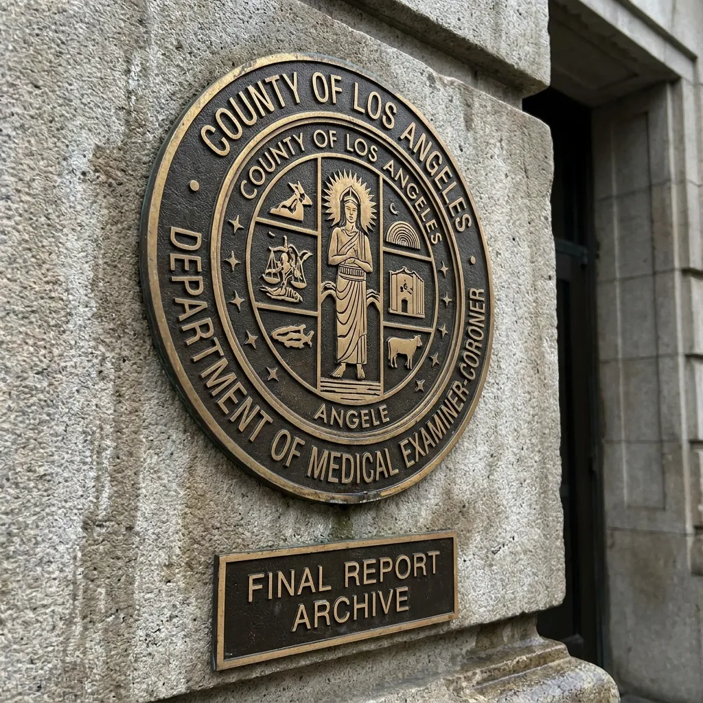 Bronze seal plaque for the County of Los Angeles Department of Medical Examiner-Coroner mounted on a stone wall above a Final Report Archive sign.