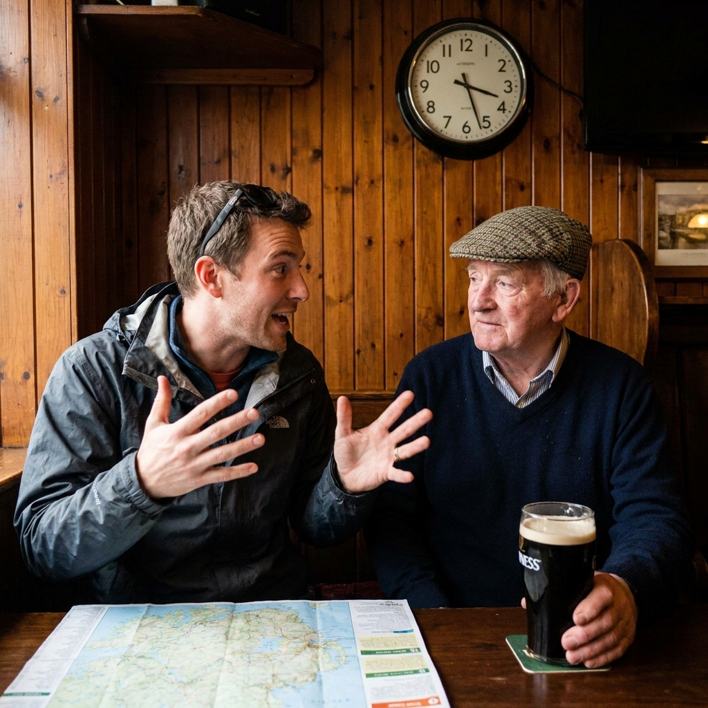 Young tourist gesturing enthusiastically while speaking to an older local man in a traditional Irish pub with a map and a pint of Guinness.