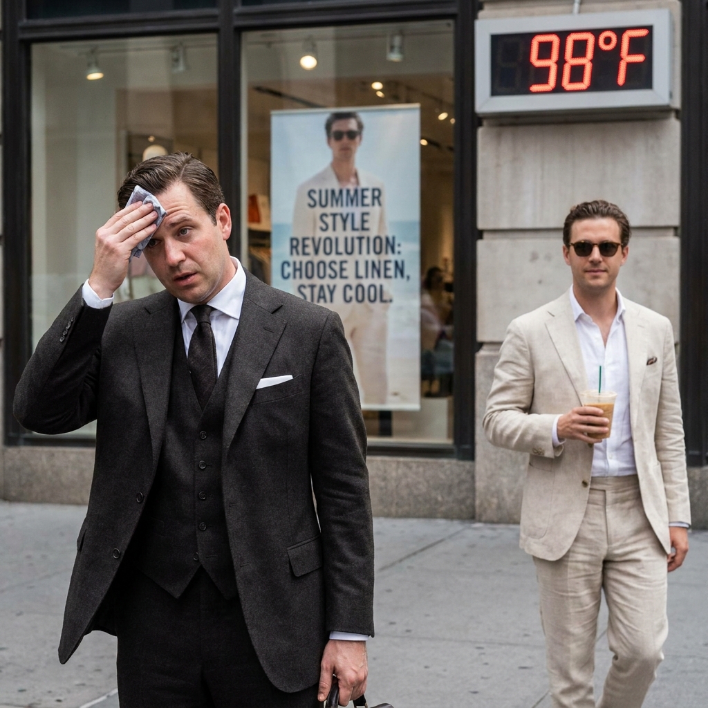 A sweating man in a heavy dark wool three-piece suit wipes his forehead under a 98°F temperature sign, contrasting with a cool man in a light linen suit holding iced coffee