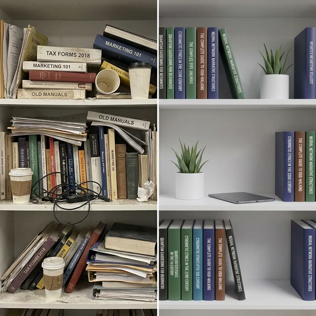 A close-up shot of a messy office bookshelf, followed by the AI-extended image showing neat, newly invented book titles and a decluttered shelf