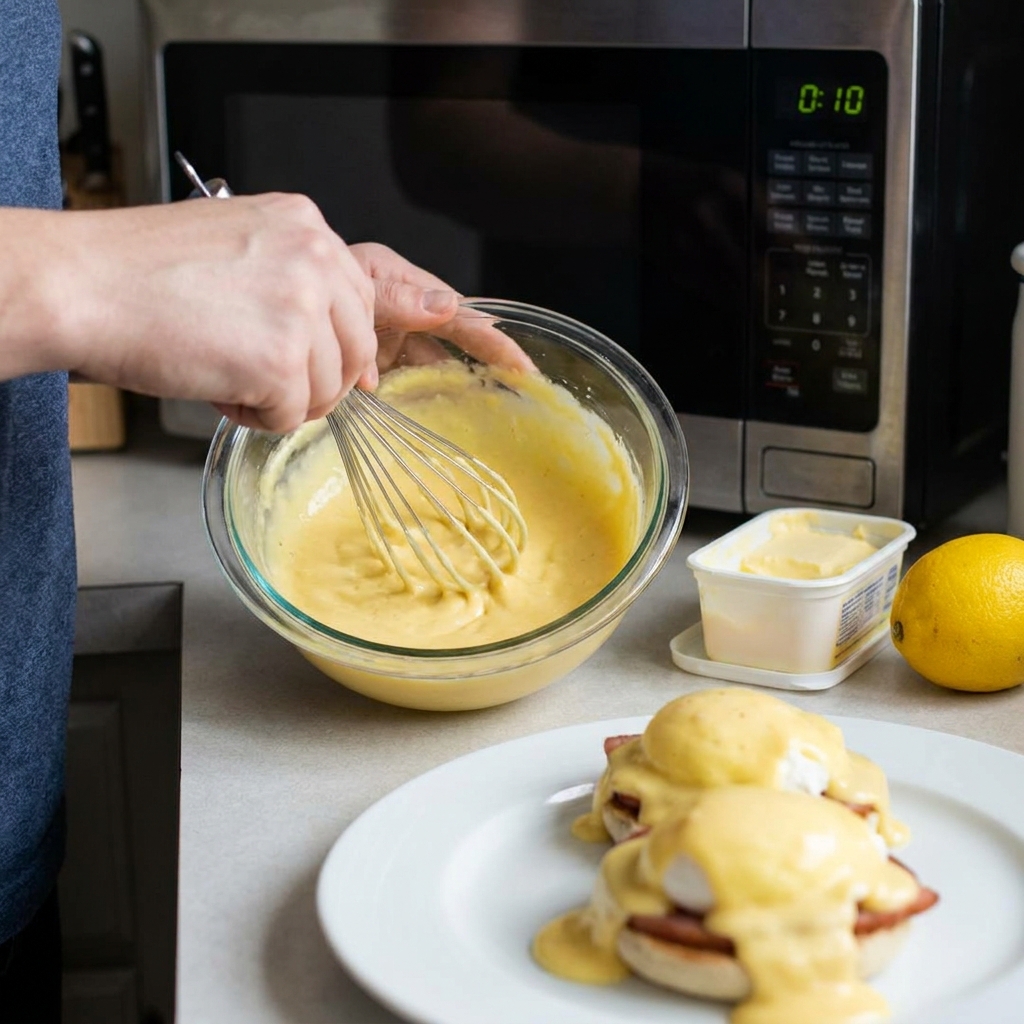 A person whisking hollandaise sauce in a glass bowl next to a microwave, with a plated serving of eggs benedict in the foreground.