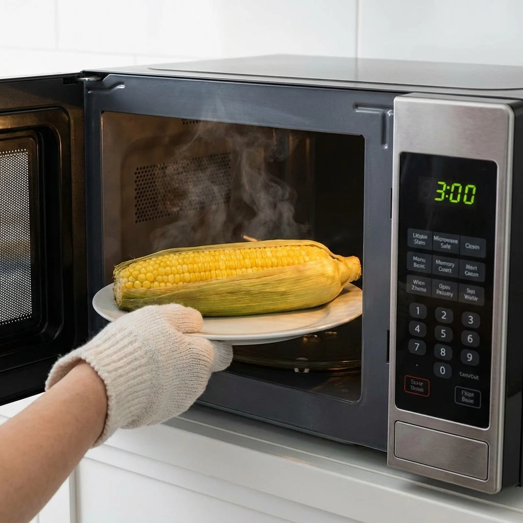 A hand wearing an oven mitt placing a plate with a whole, partially husked ear of corn inside a microwave.