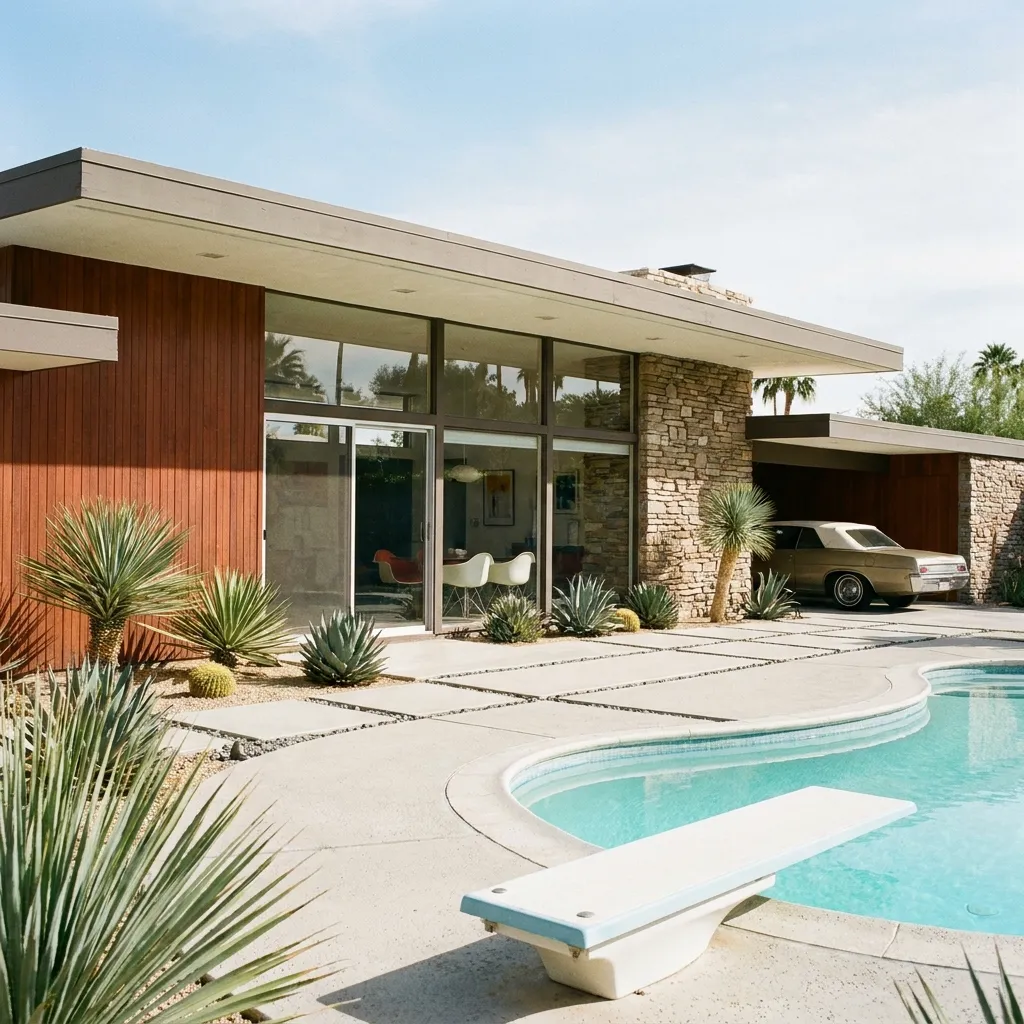 Exterior of an authentic midcentury modern home with a flat roof, large windows, and geometric landscaping