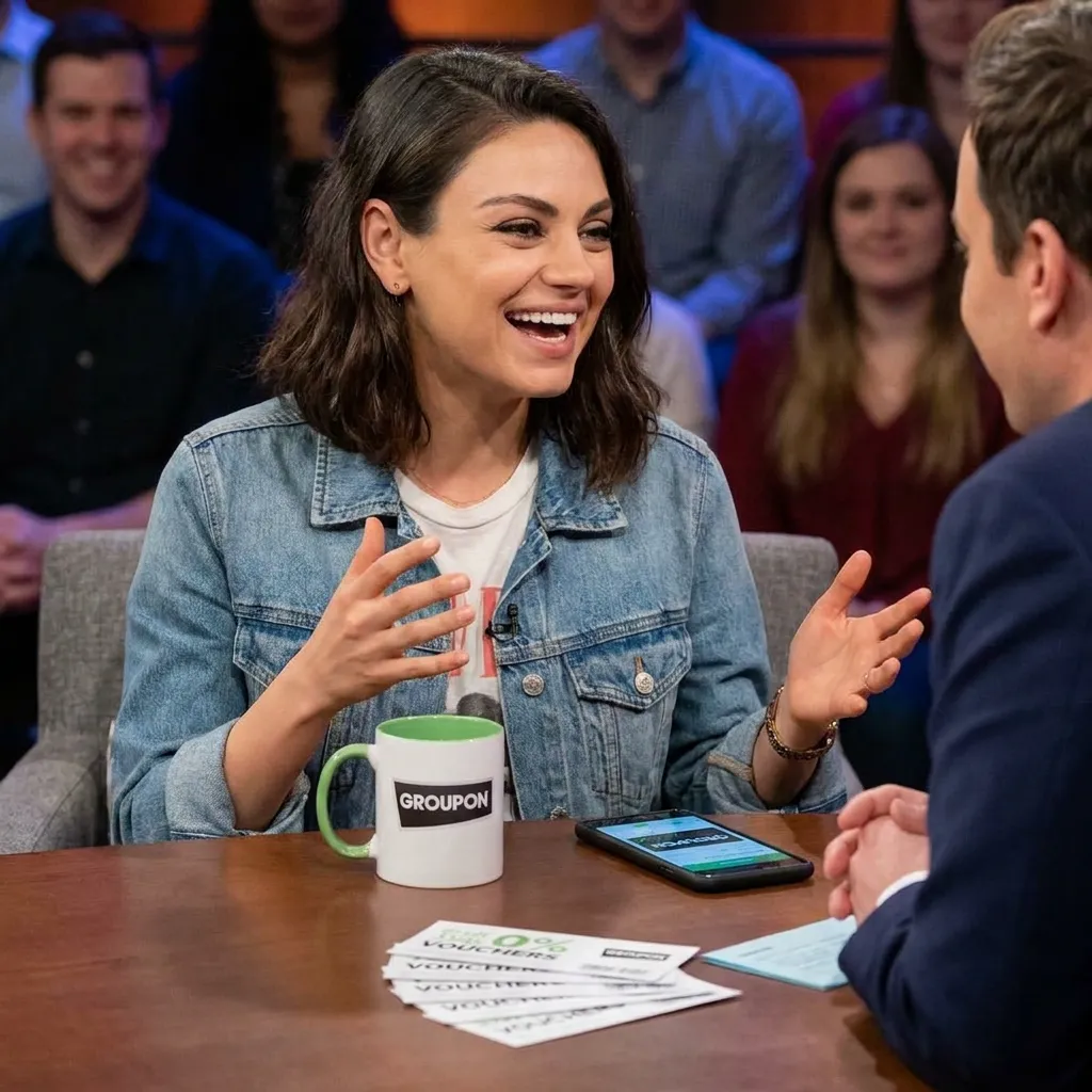 Mila Kunis smiling in an interview, known for being a frugal celebrity who loves using Groupons.
