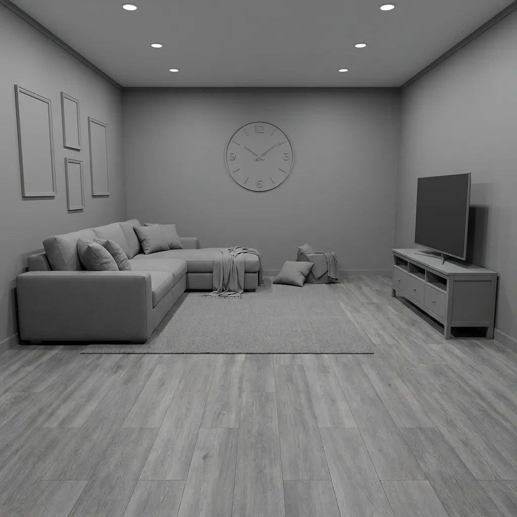 A dull, monochromatic millennial gray living room with gray LVP flooring, demonstrating the lifeless modern home design trends people hate