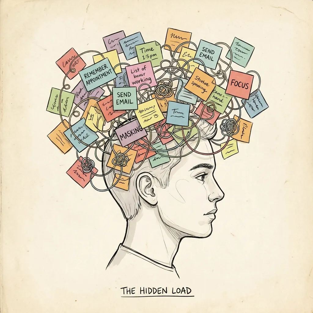 A conceptual illustration of a millennial's mind filled with chaotic, overlapping sticky notes and tangled strings, representing the hidden mental load of undiagnosed ADHD and masking.