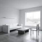 A stark white, ultra-minimalist living space with rigid, uncomfortable furniture, representing the sterile modern home design trends people hate