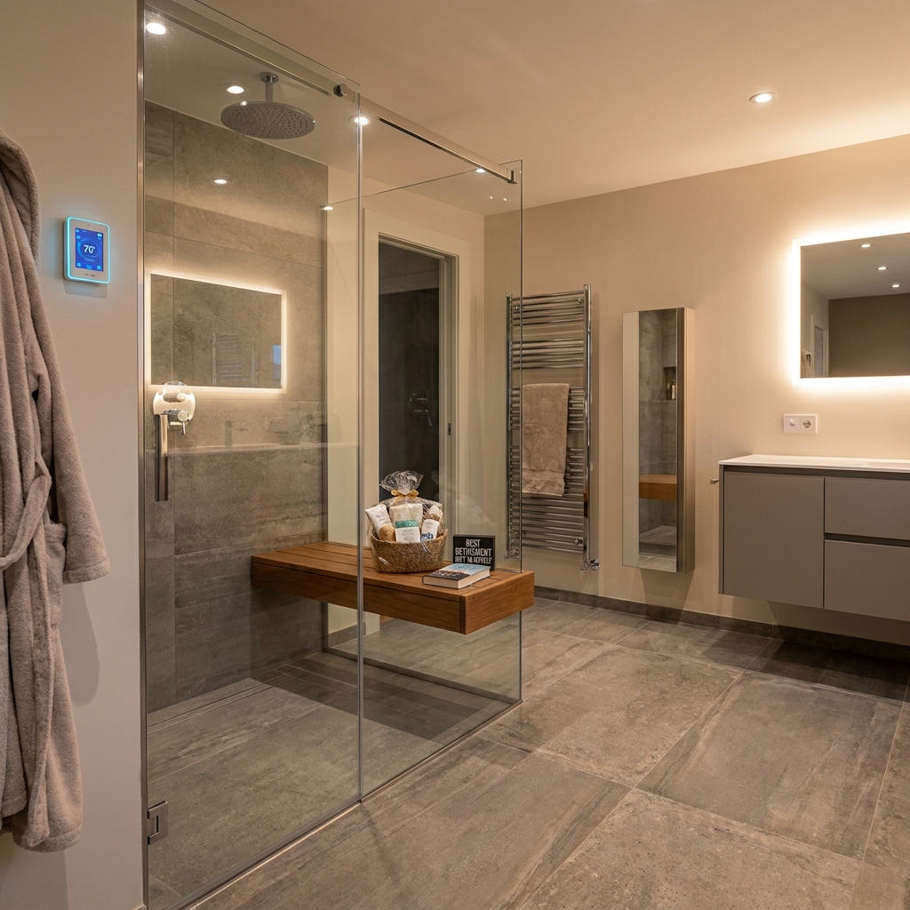 A sleek, modern bathroom featuring a walk-in shower with a bench and heated tile floors — comfortable best retirement gifts for yourself