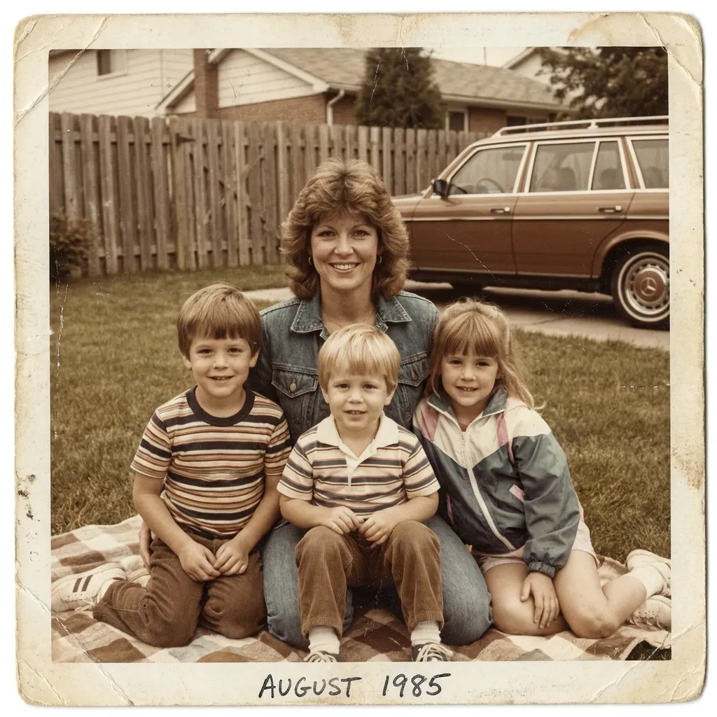 A faded vintage family photograph from the 1980s showing a mother and her children