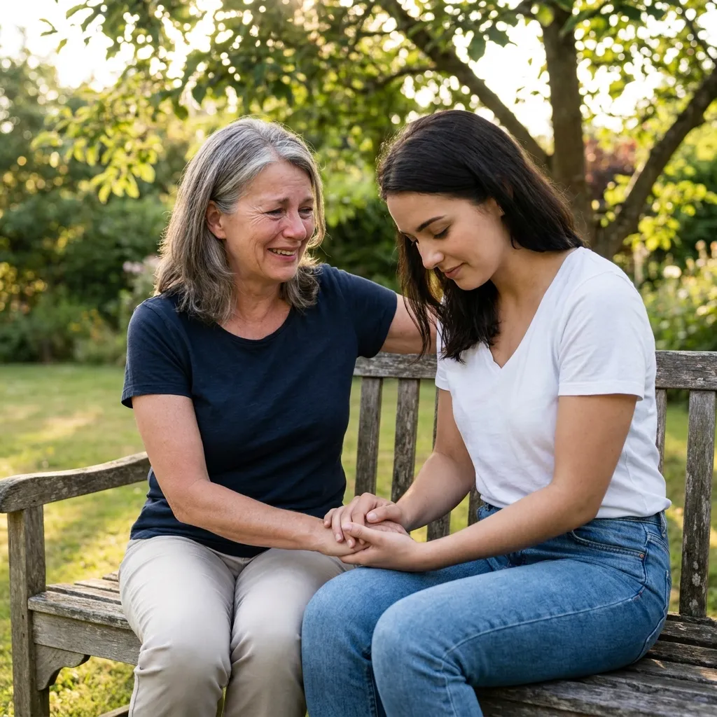 Older mother and adult daughter sitting on a wooden park bench holding hands, sharing a comforting and emotional moment outdoors.