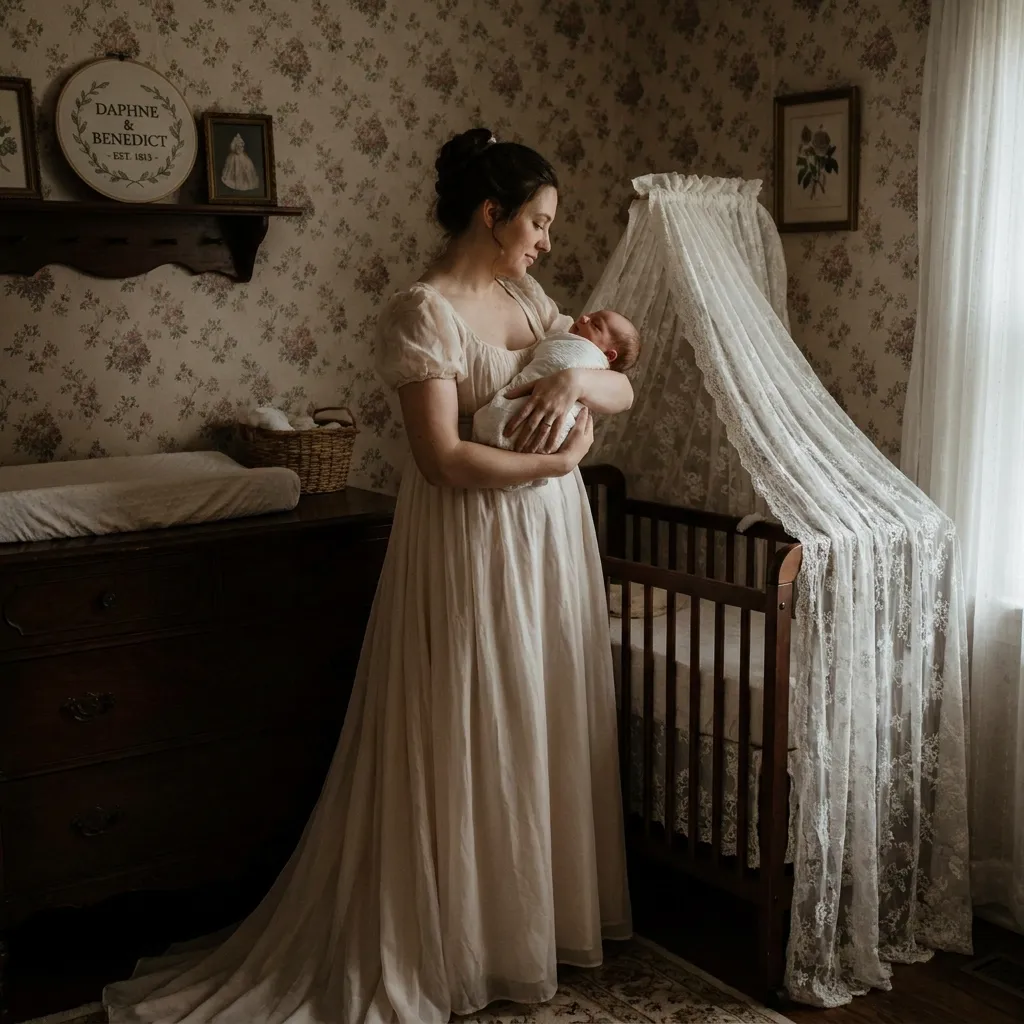 A mother holding her baby in a vintage nursery, representing the romantic and aesthetic appeal of the Bridgerton baby name trend