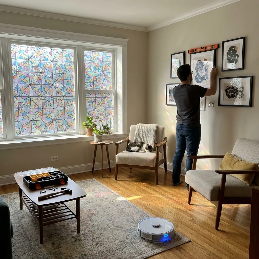 A man uses an orange level to hang a framed picture on a living room wall. The room features a window with decorative geometric film, a sleeping cat on an armchair, a robot vacuum cleaning the rug, and a coffee table holding a hammer and tool organizer.