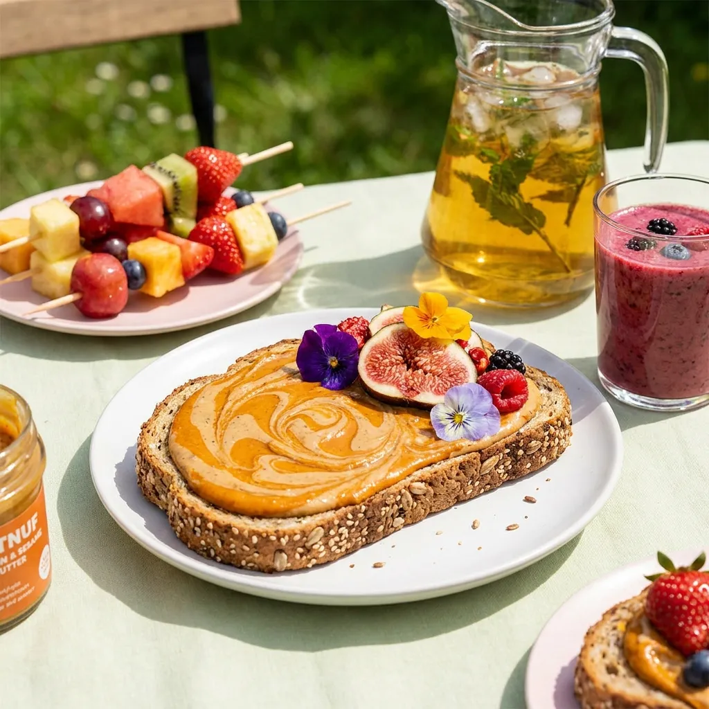 Multi-grain toast topped with marbled Eatnuf pumpkin and sesame seed butter, a healthy addition to the best summer snacks and drinks