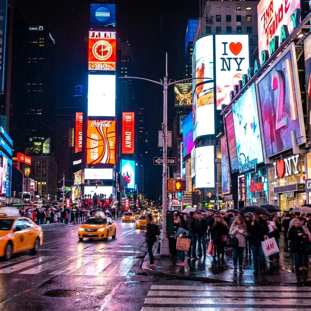 Bright neon lights and busy pedestrians at night in Times Square New York City