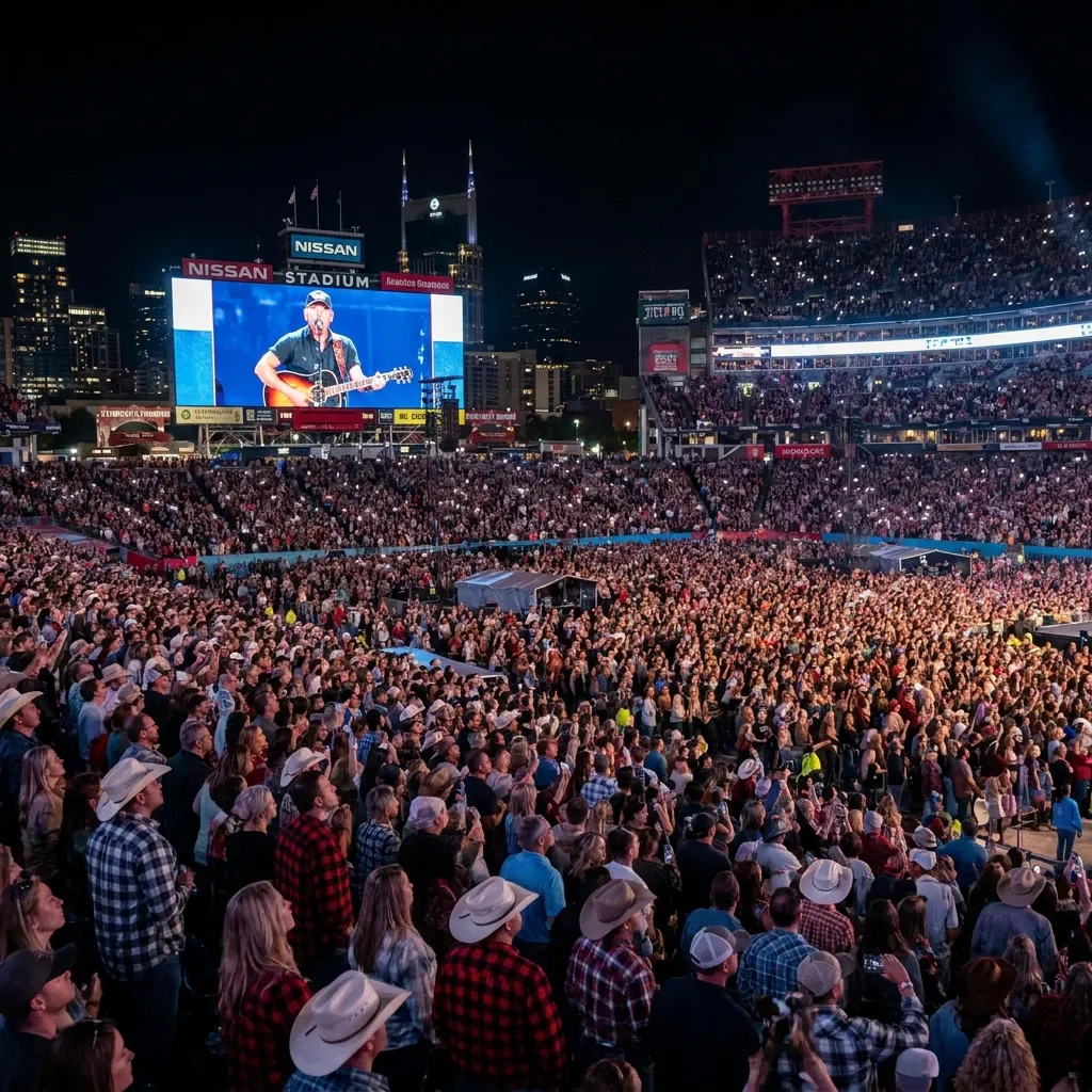 Massive audience of fans attending a live nighttime country music concert at Nissan Stadium in Nashville with the artist displayed on a large jumbotron screen
