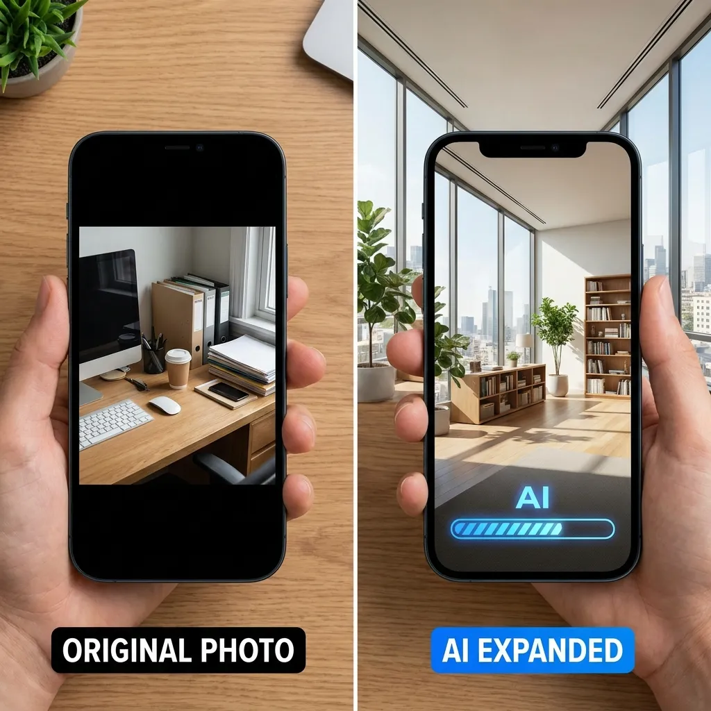A side-by-side mockup showing an original tight photo of an office being expanded outward dynamically on an iPhone screen using AI