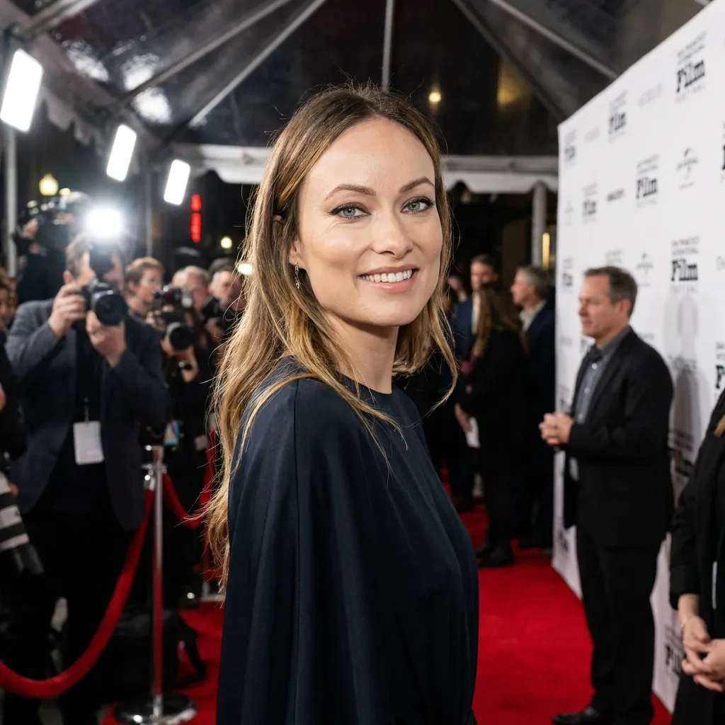 Olivia Wilde smiling over her shoulder on the red carpet at the San Francisco International Film Festival wearing a dark navy draped dress, posing for event photographers in front of a step-and-repeat banner.