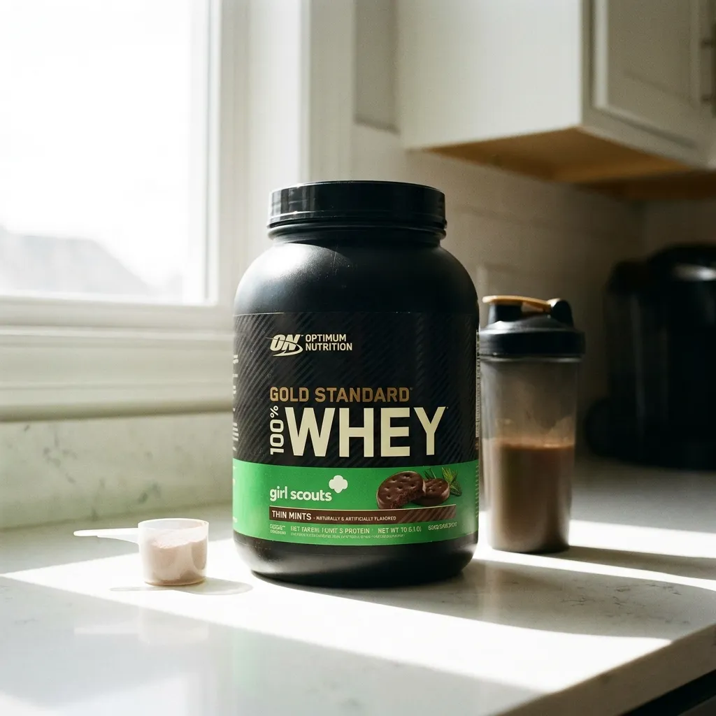 A tub of Optimum Nutrition Gold Standard 100% Whey Protein in Thin Mints flavor
