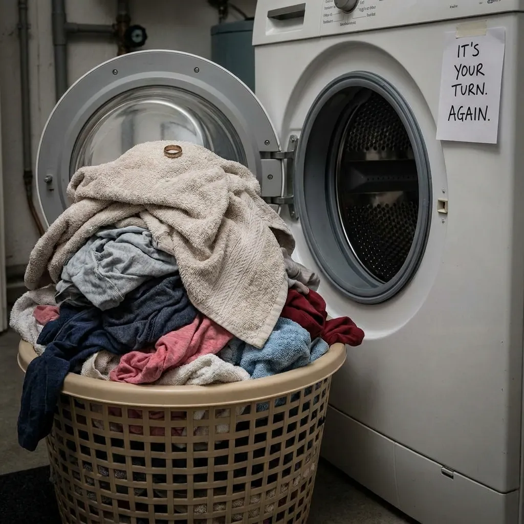 A close-up of an overflowing laundry basket next to an empty washing machine, representing the heavy burden of unbalanced household chores in a marriage.
