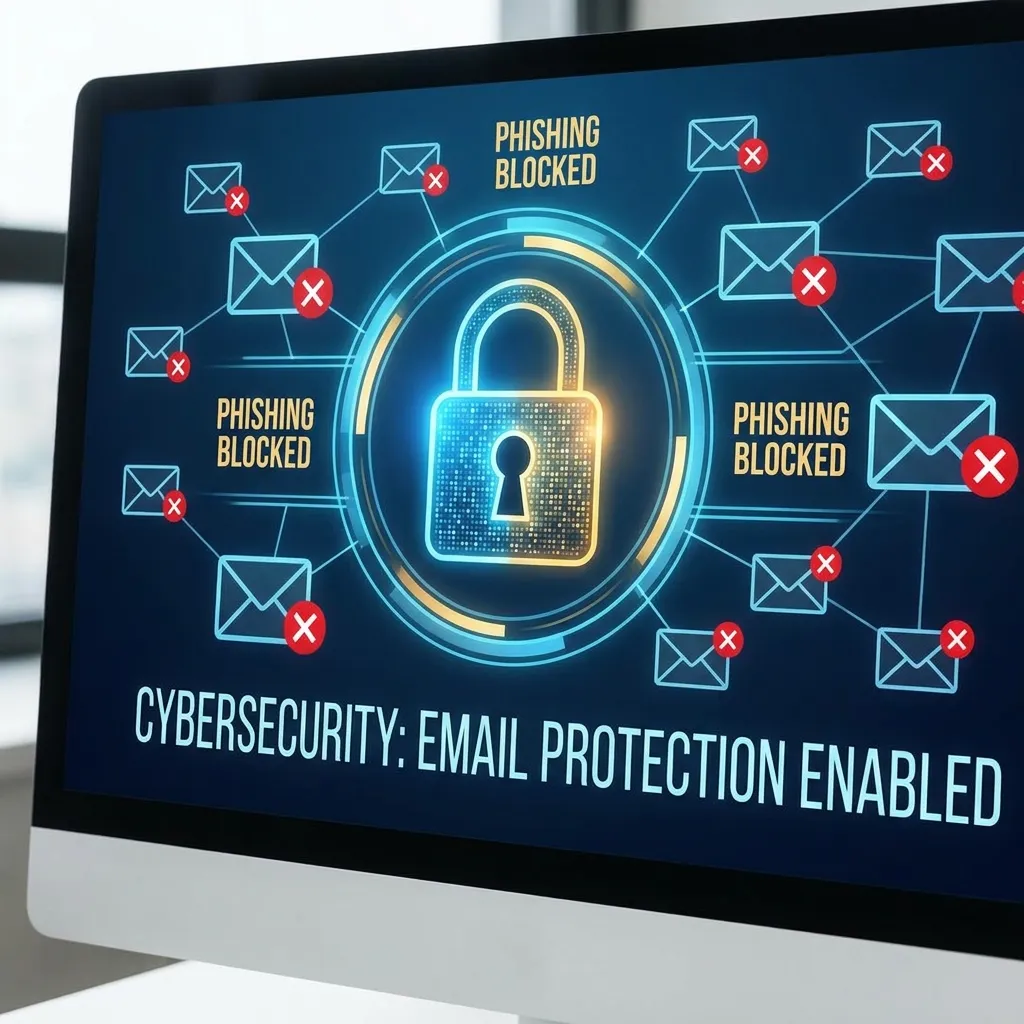 Padlock icon on a computer screen symbolizing cybersecurity protection against email phishing networks