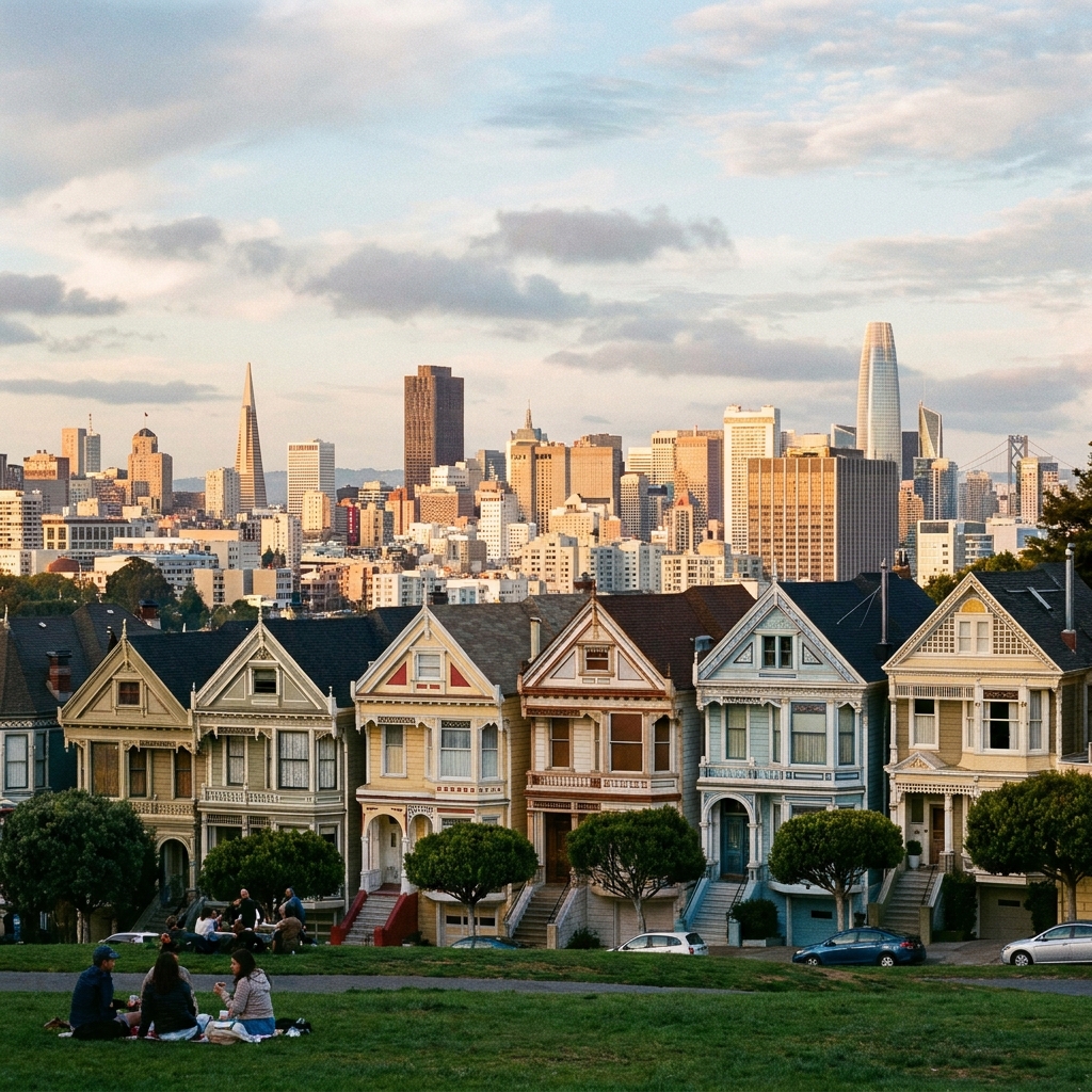 Classic Victorian houses known as the Painted Ladies with the San Francisco skyline in the background