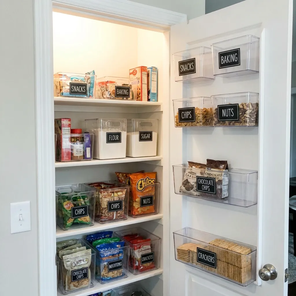 Open pantry door revealing perfectly aligned clear plastic bins from the dollar store, labeled for snacks and baking supplies
