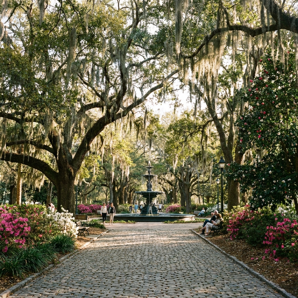 Gorgeous park pathway leading to a historic fountain surrounded by trees draped in Spanish moss in Savannah Georgia