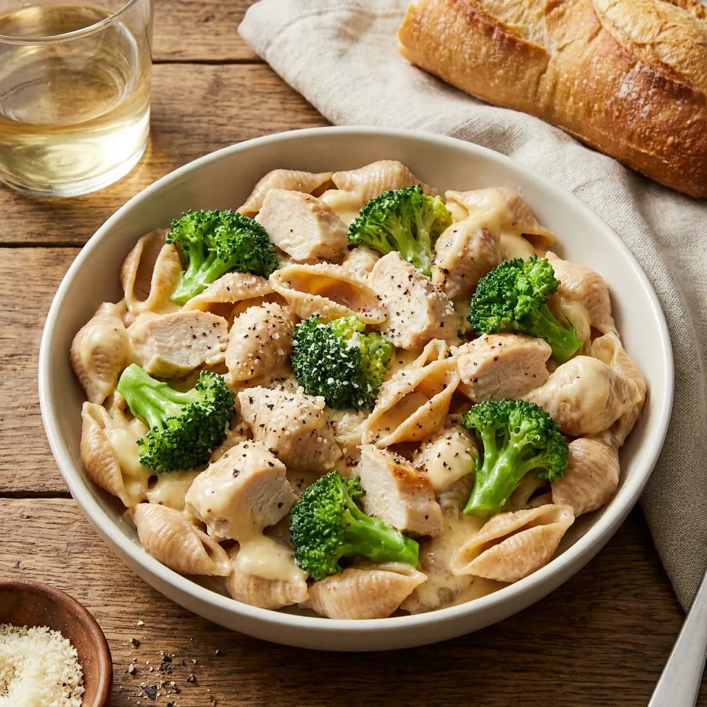 Creamy whole wheat pasta shells mixed with tender chicken, bright green broccoli florets, and a rich cheese sauce.