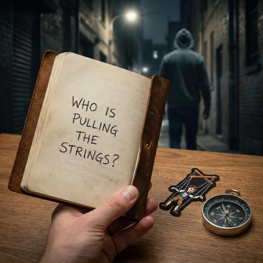 Hand holding an open leather journal with the handwritten text 'WHO IS PULLING THE STRINGS?', alongside a puppet patch and a silver compass on a wooden desk. A blurred hooded figure walks away in a dark alley in the background."