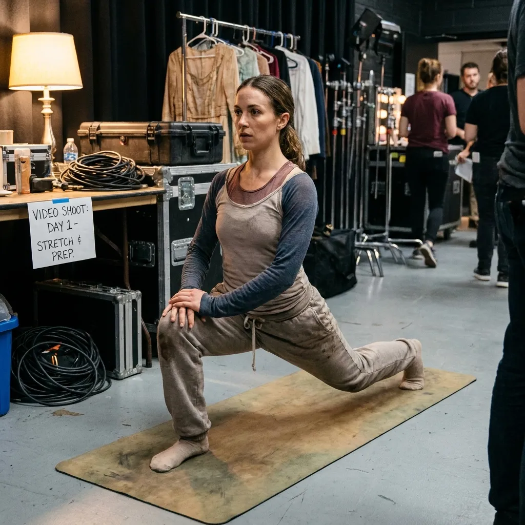 A performer stretching backstage on a yoga mat to prepare for the physical demands of a long video shoot