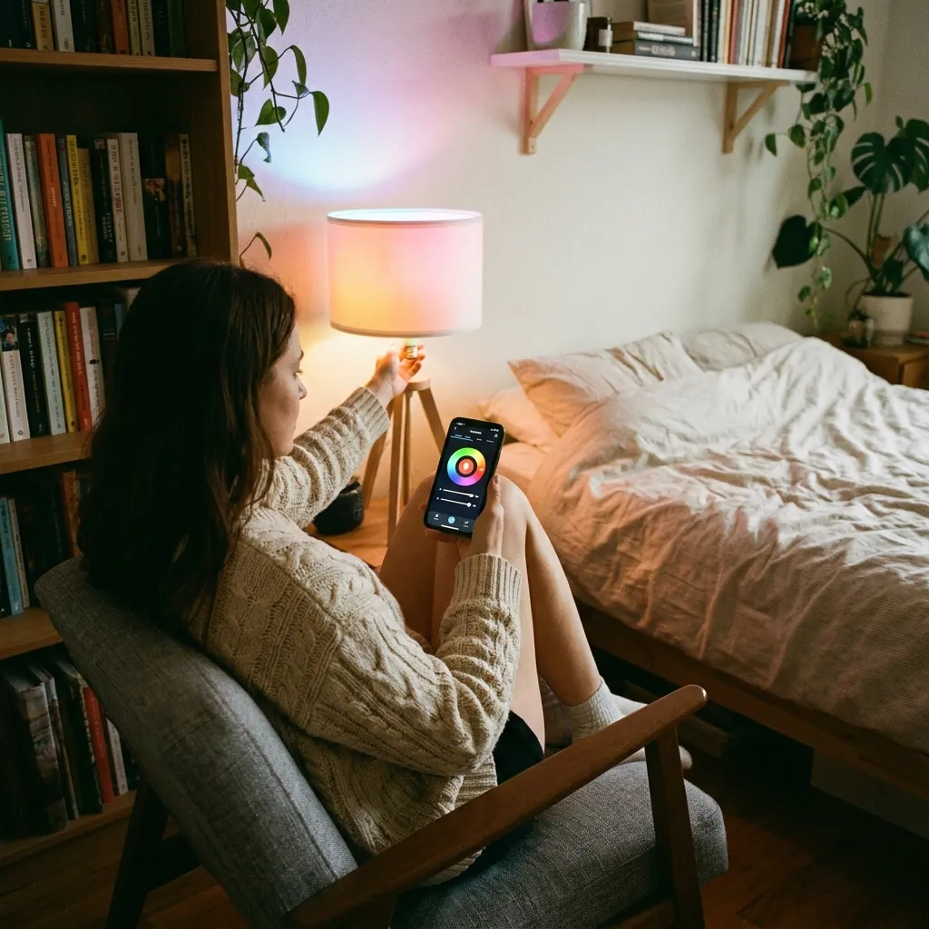 A woman sitting comfortably in a bedroom chair, holding a smartphone displaying a color-control app while reaching out to adjust a bedside lamp that is glowing with a soft pinkish-orange smart bulb.