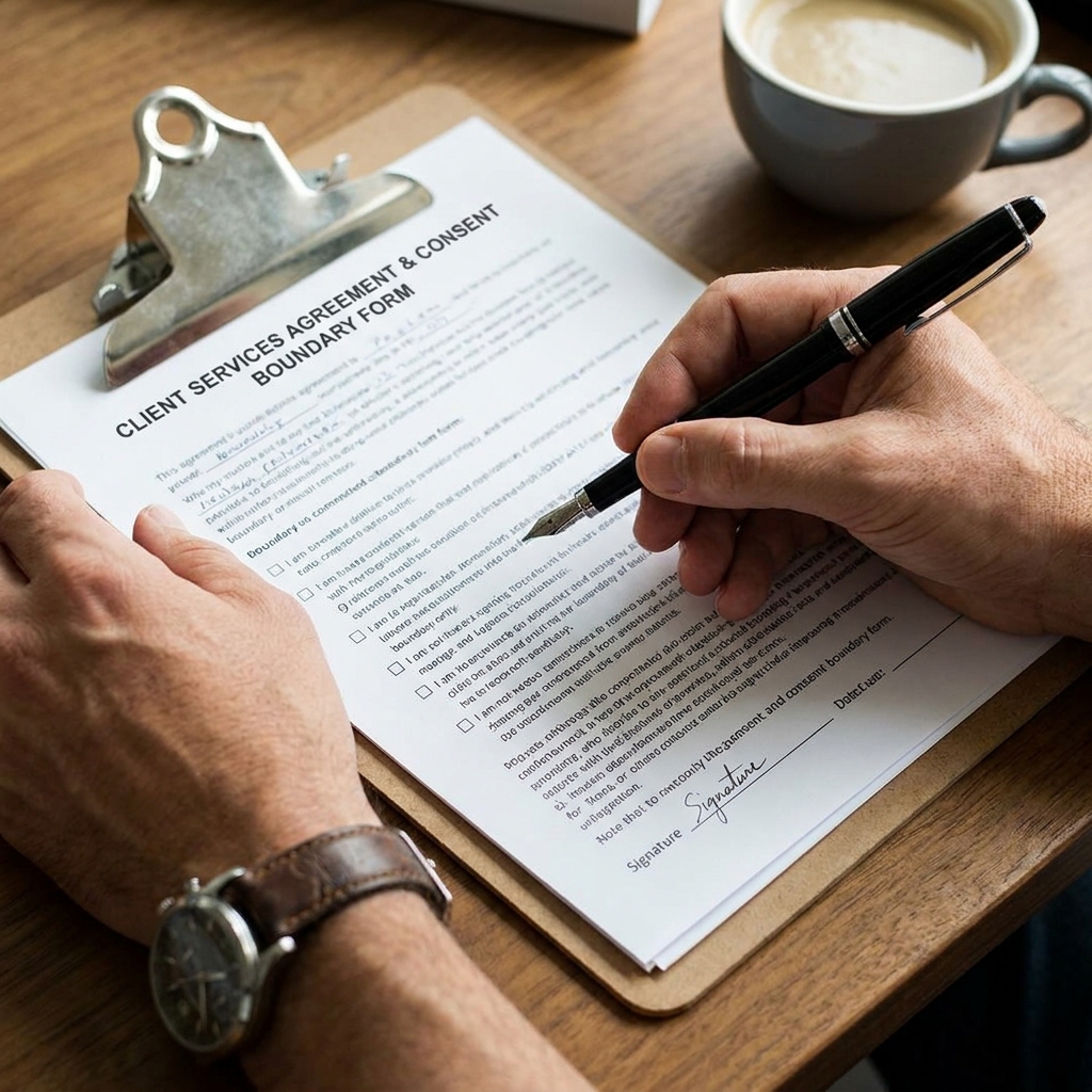 Close-up of a person holding a pen over a detailed contract and consent boundary sheet attached to a professional clipboard