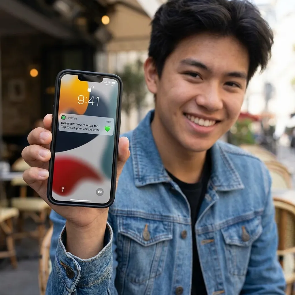 A person happily holding a smartphone showing the Spotify Reserved top fan push notification on the lock screen