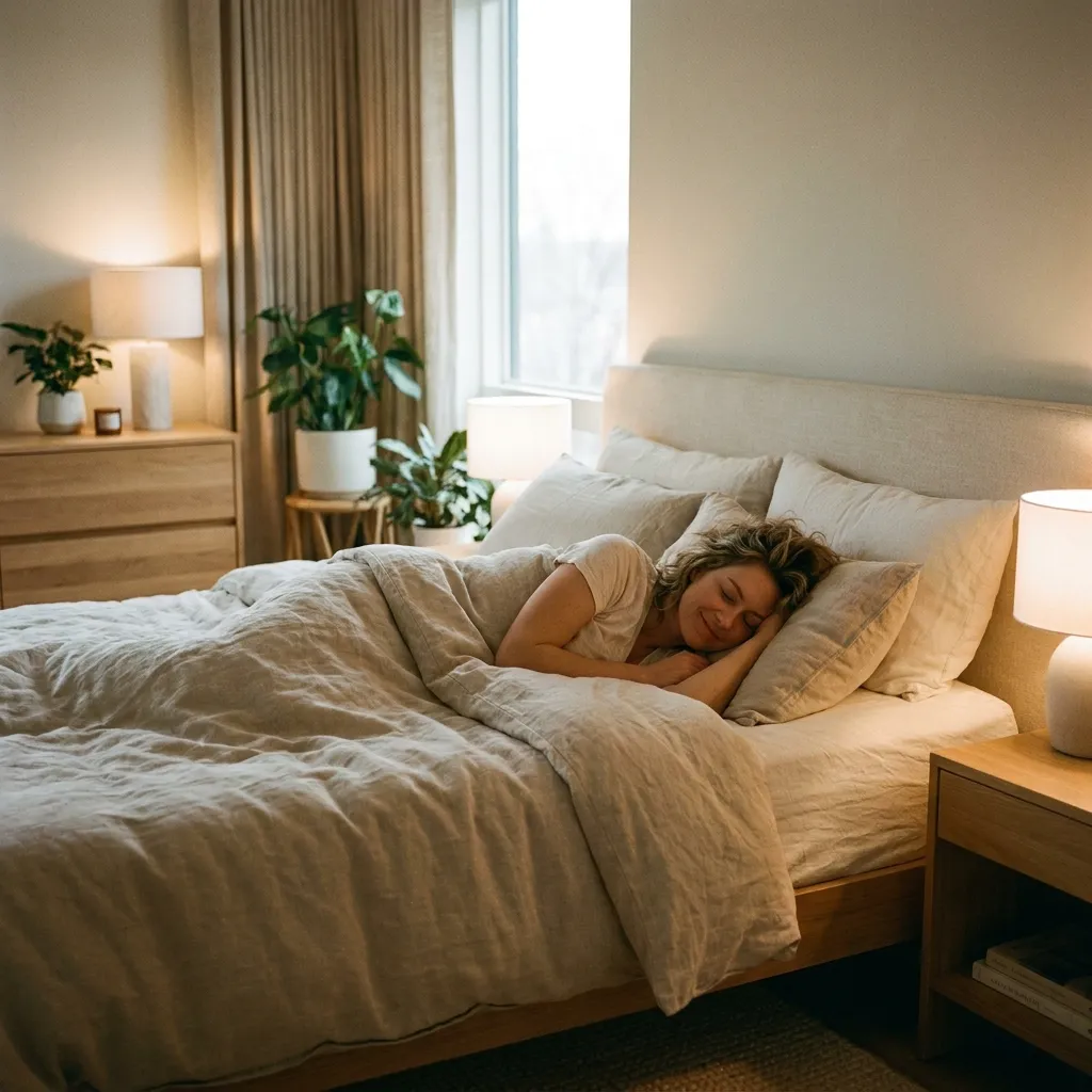 A woman sleeping deeply under a cozy beige comforter in a bright, modern bedroom decorated with potted houseplants.