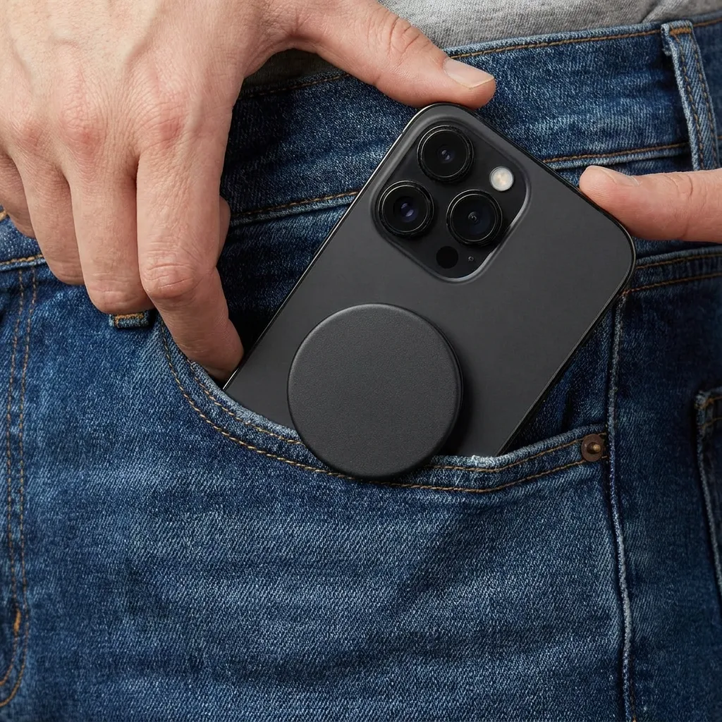 Person smoothly sliding an iPhone with a thin PopSockets Low-Pro MagSafe grip into a tight denim jeans pocket.