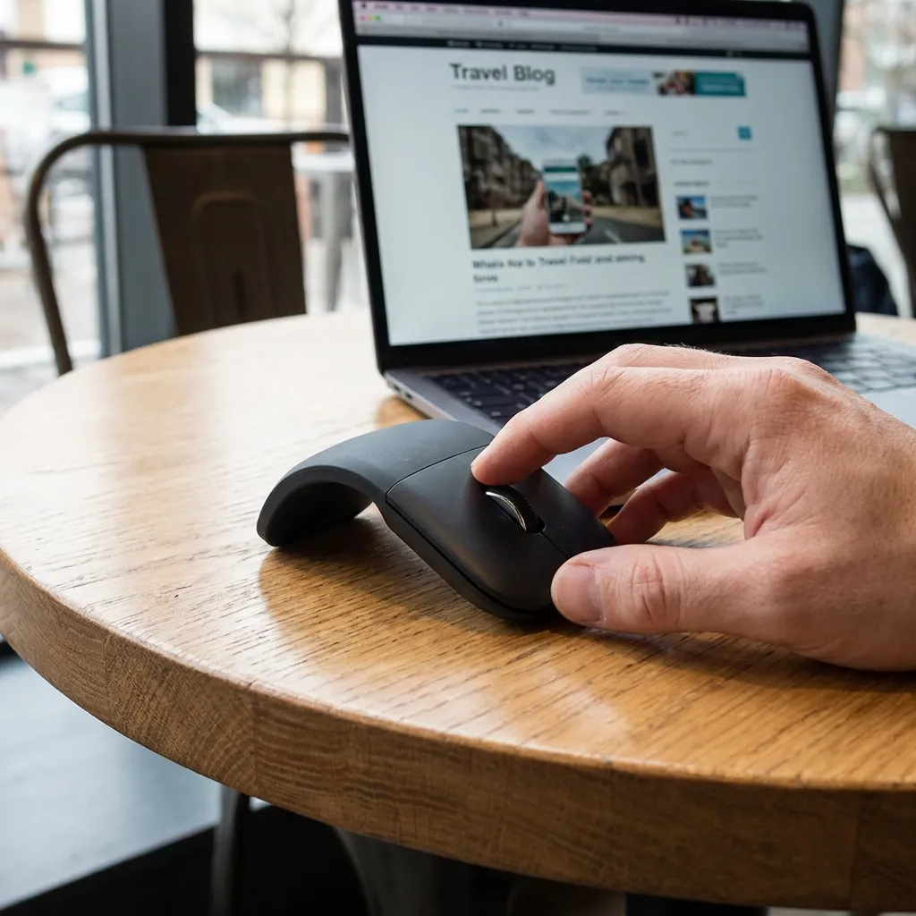 Hand navigating a black arched foldable travel mouse on a wooden cafe table with a laptop displaying a travel blog in the background.