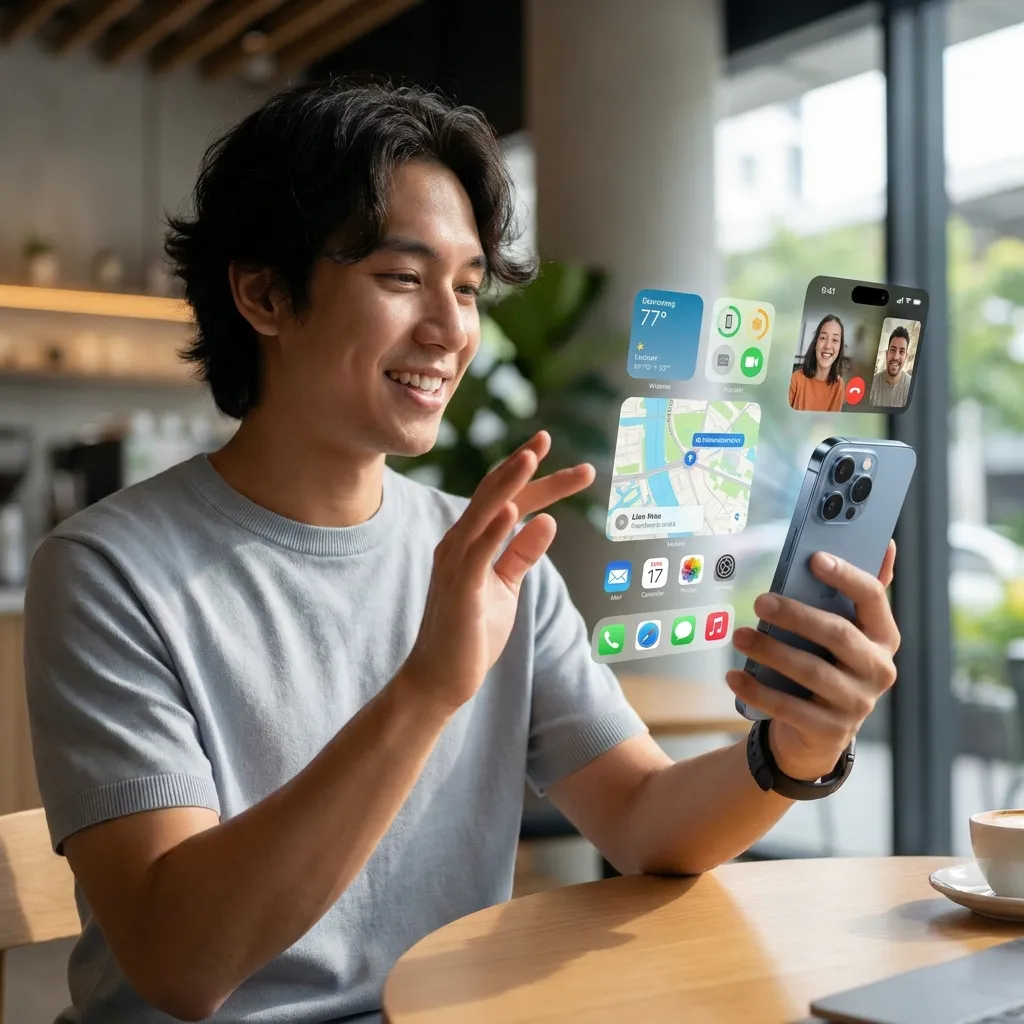 A smiling young man sitting at a cafe table looking at a blue smartphone. Floating above the phone are holographic, augmented-reality interface elements, including a video call, a map widget, weather details, and app icons. He is raising his hand as if waving at the video call or interacting with the floating displays.