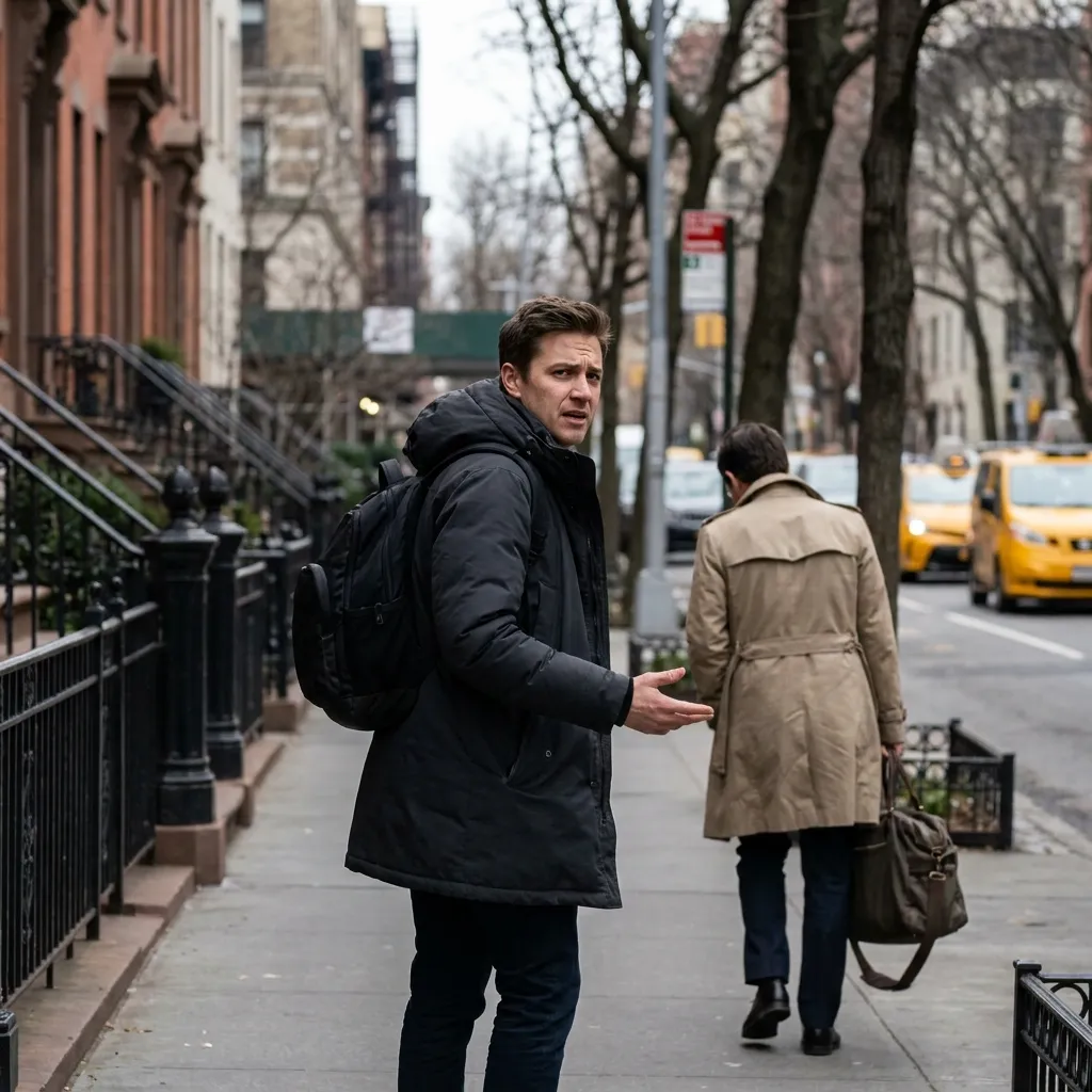 A person walking far ahead of their partner on a city street, looking back impatiently