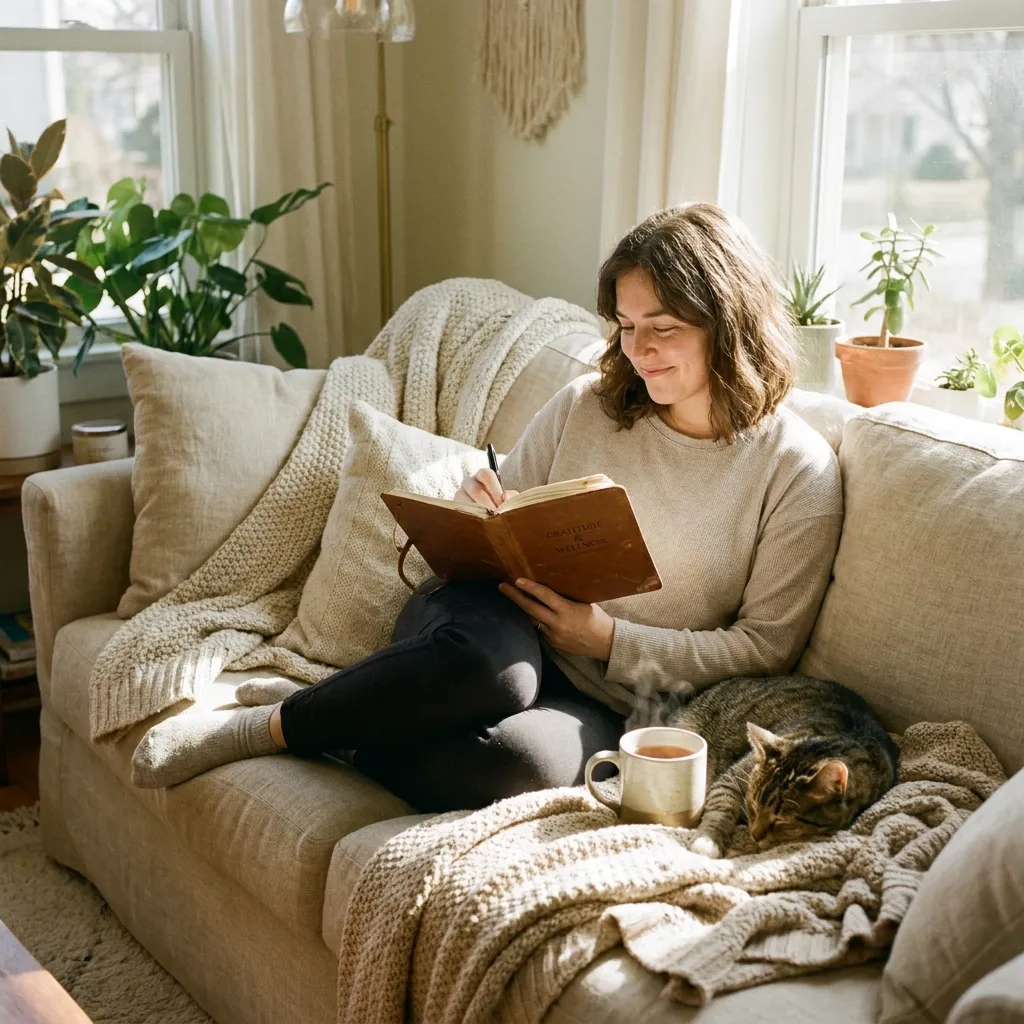 A person writing peacefully in a wellness gratitude journal on a cozy couch, bathed in warm afternoon sunlight.