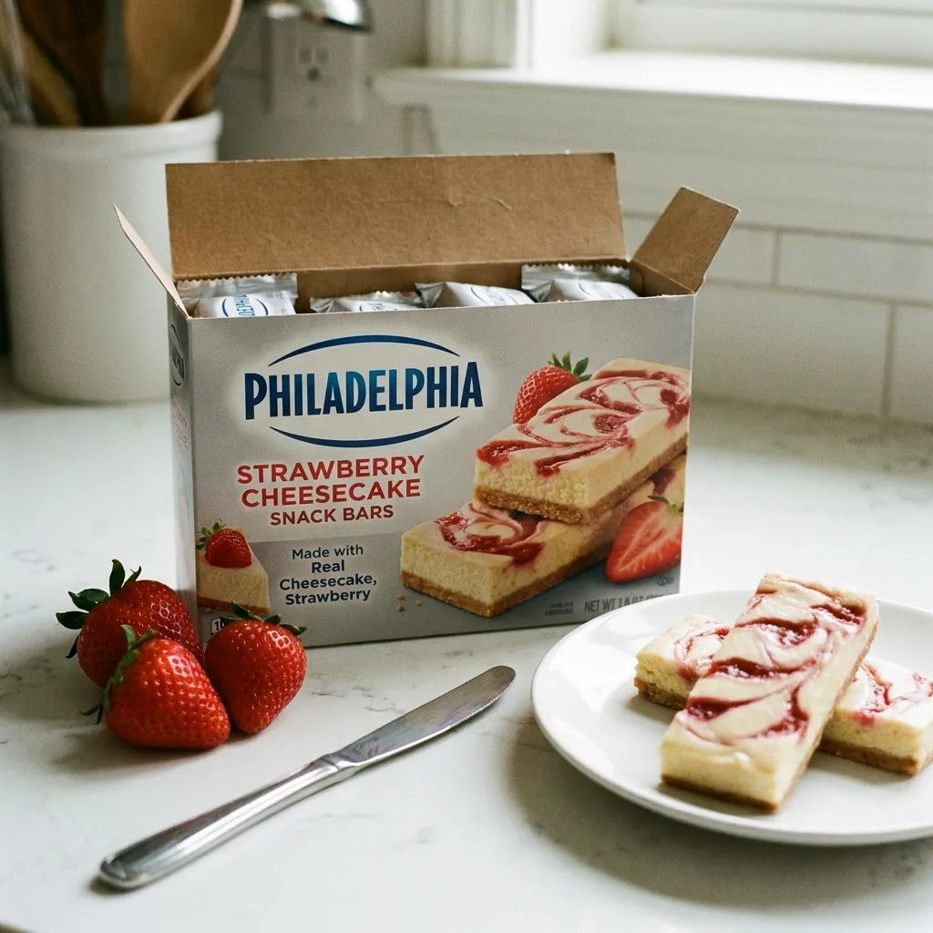 Philadelphia Strawberry Cheesecake Snack Bars in original packaging alongside freshly plated bars and whole strawberries.