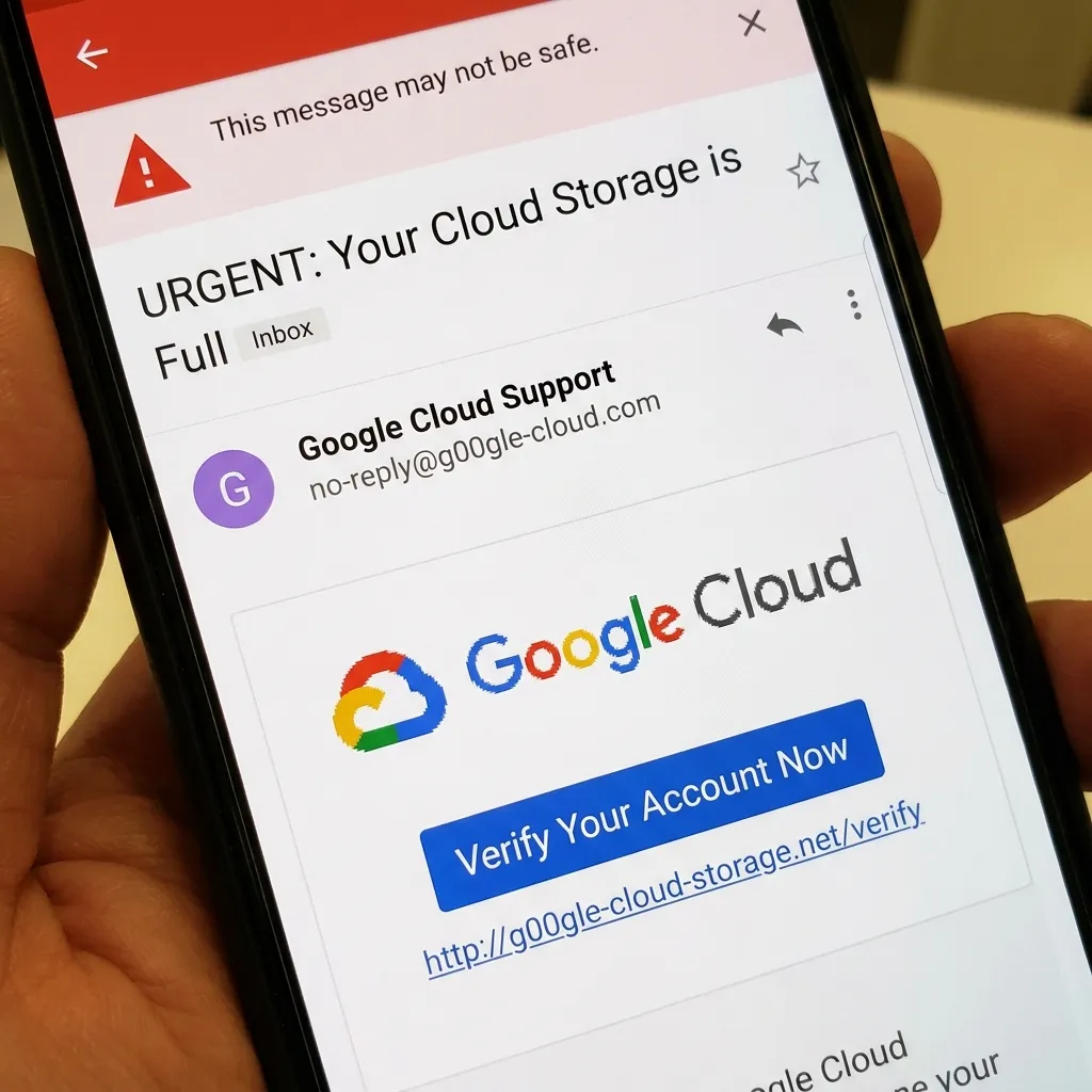 Close-up of a phishing email on a smartphone screen showing a fake Google Cloud storage link and a red warning triangle