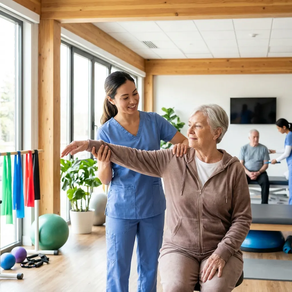 Physical therapist in blue scrubs assisting an older female patient with shoulder mobility exercises in a bright rehabilitation clinic