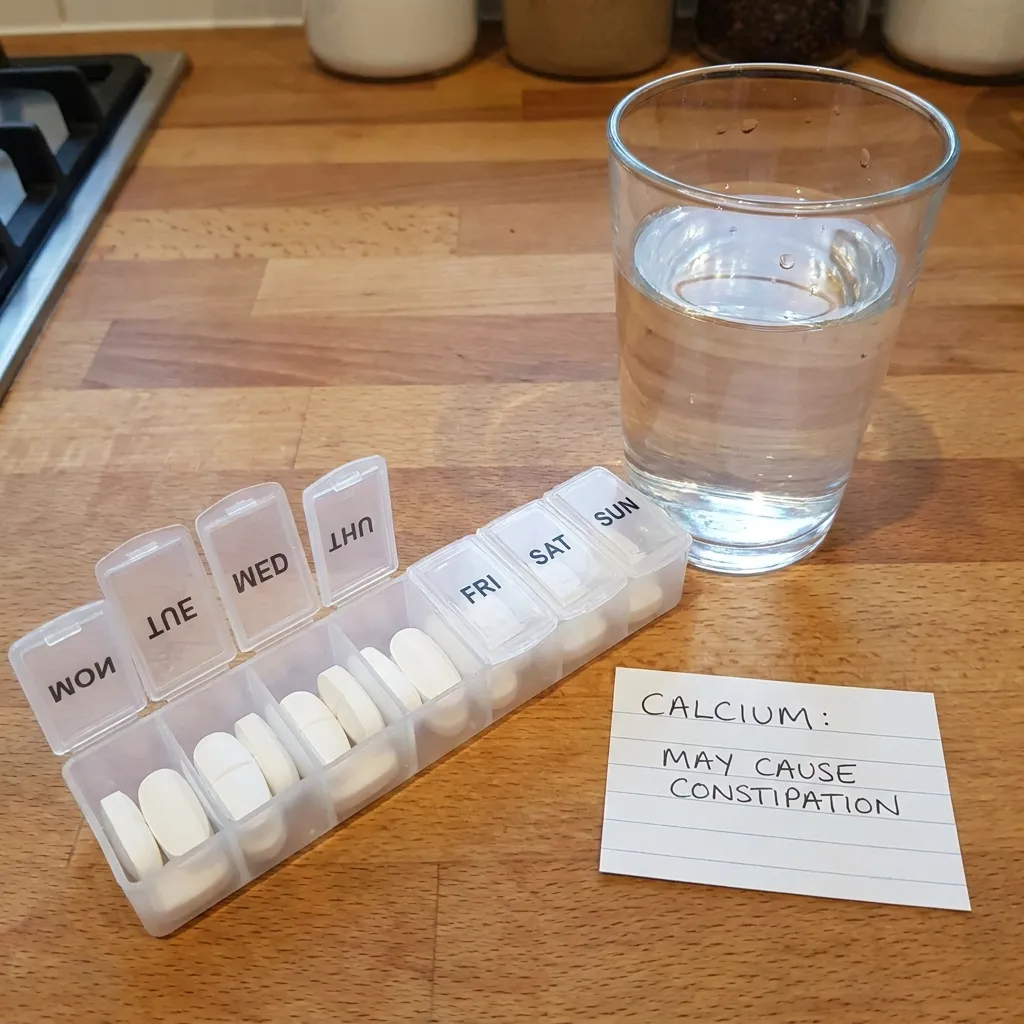 Weekly pill organizer filled with white tablets next to a glass of water and a note reading Calcium: May Cause Constipation