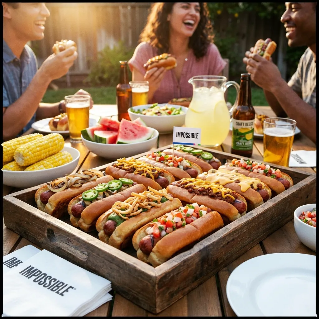 A tray of fully loaded plant-based hot dogs from Impossible Foods, rounding out the best summer snacks and drinks for backyard BBQs