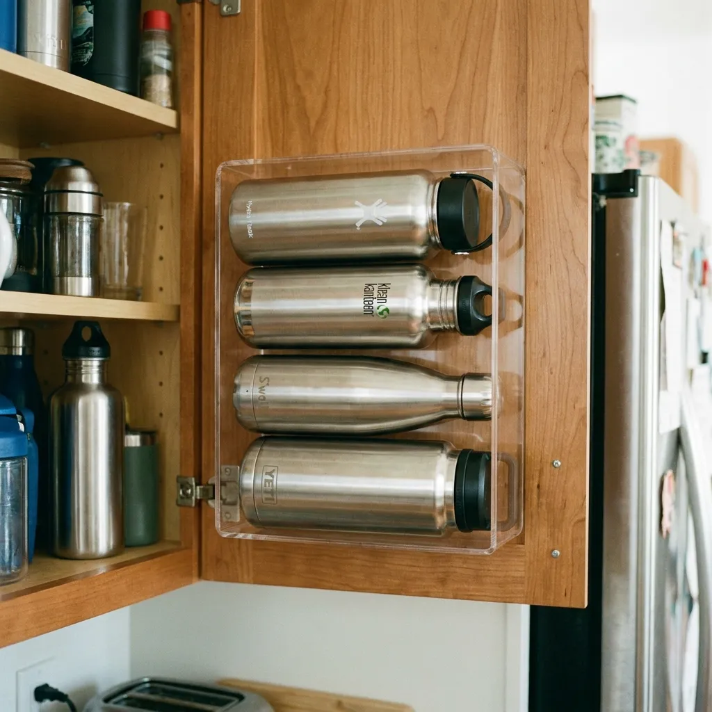 Clear plastic magazine holder turned on its side, used to neatly stack and organize stainless steel water bottles in a cabinet